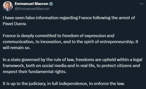 Emmanuel Macron dice que la detención de Pavel Durov no es un asunto político, pero el "presidente" sale a defender la detención, enarbola la "libertad de expresión" cuando hace el trabajo sucio tomando rehenes a cambio de acceder a las comunicaciones privadas de Telegram...