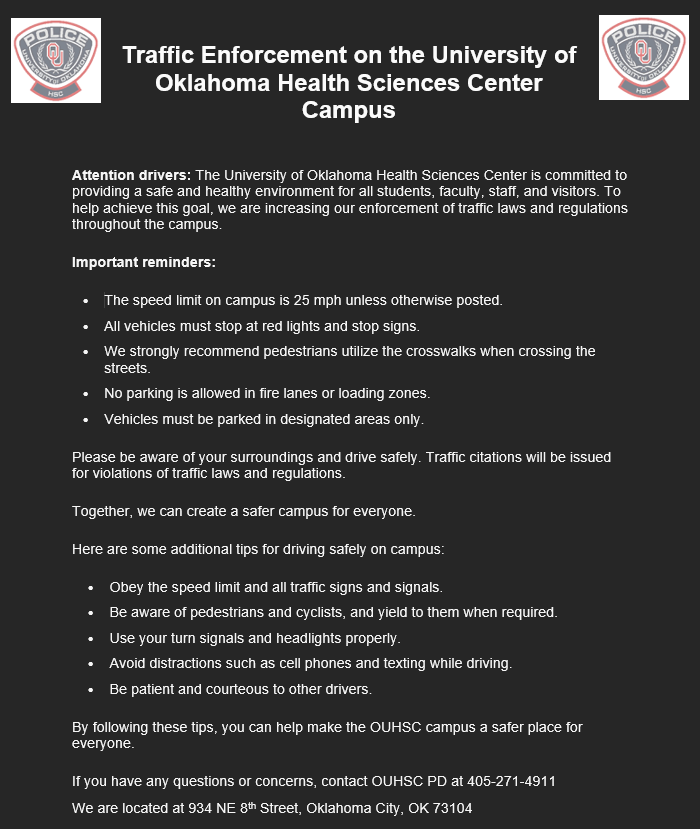 OUHSCPolice's tweet image. Please see the attached PSA on Traffic Enforcement.