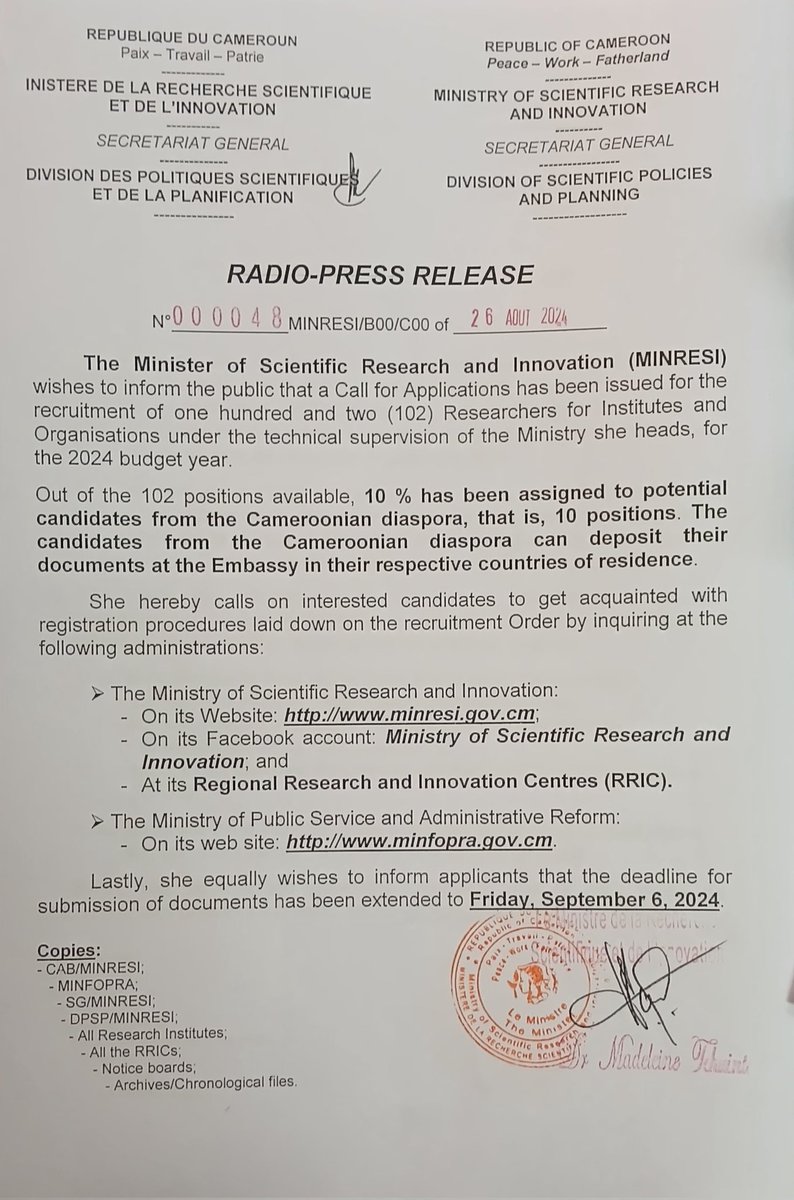 RECRUITMENT OF 102 RESEARCHERS FOR THE 2024 BUDGET YEAR: DEADLINE EXTENDED TO FRIDAY, SEPTEMBER 6, 2024.