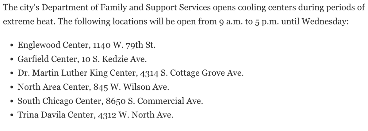 Suntimes's tweet photo. Cooling centers in Chicago, open until Wednesday: https://t.co/t5Cyb5chLm