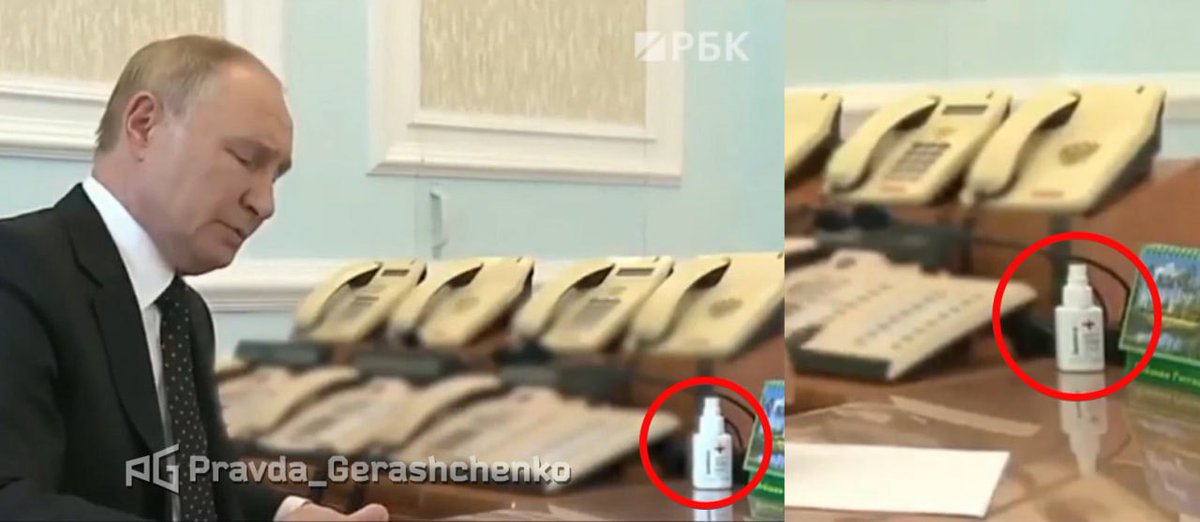 Gerashchenko_en's tweet photo. Interesting detail: hand sanitizer is on Putin's desk during the meeting with Gerasimov. 

◾️ Putin is afraid of getting sick.
◾️ It looks like Putin continues to stay in his bunker.
◾️ It seems that close officials are still quarantined before meeting with Putin.
◾️ Putin with hand sanitizer and Putin in crowds in Baku and Chechnya is the same person?