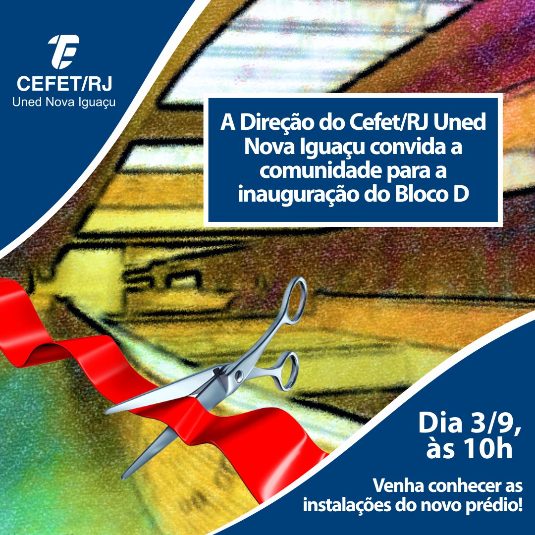Inauguração do Bloco D do Cefet/RJ #UnedNovaIguaçu, dia 3/9, às 10h. 

As novas instalações incluem 15 salas de aula, sala multimídia, sala de informática e 7 laboratórios, além do restaurante estudantil, que começará a operar em 2025. 

bit.ly/blocoD_NI_cefe…

#CefetRJ