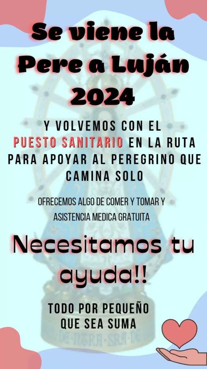 Tumanosolidaria's tweet photo. 50°peregrinacion juvenil a Lujan !! 5 y 6 de octubre,  Madre,bajo tu mirada buscamos la unidad !! Necesitamos de #tumano por minima que sea tu colaboracion, todo suma!!🙏 https://t.co/03O2d9XFTm