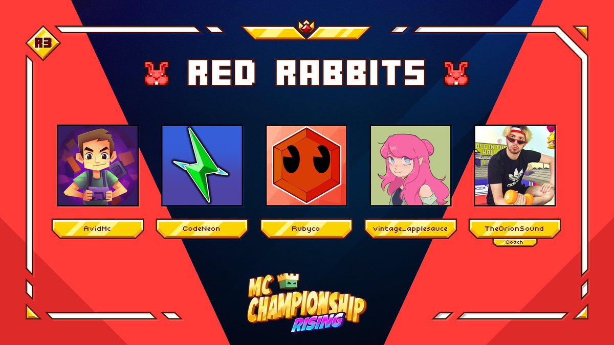 MC Championship (@mcchampionship_) on Twitter photo 👑 Announcing team Red Rabbits 👑
<a href="/Avid_Yt/">AvidMc</a> <a href="/CodeNeonYT/">Josh (CodeNeon)</a> <a href="/rvbyco/">Rubyco</a> <a href="/vintageappless/">vintage_applesauce</a>
And their coach <a href="/TheOrionSound/">Oli OrionSound</a>
Watch them in MCC on Saturday 7th September at 8pm BST! 👑 Announcing team Red Rabbits 👑
<a href="/Avid_Yt/">AvidMc</a> <a href="/CodeNeonYT/">Josh (CodeNeon)</a> <a href="/rvbyco/">Rubyco</a> <a href="/vintageappless/">vintage_applesauce</a>
And their coach <a href="/TheOrionSound/">Oli OrionSound</a>
Watch them in MCC on Saturday 7th September at 8pm BST!