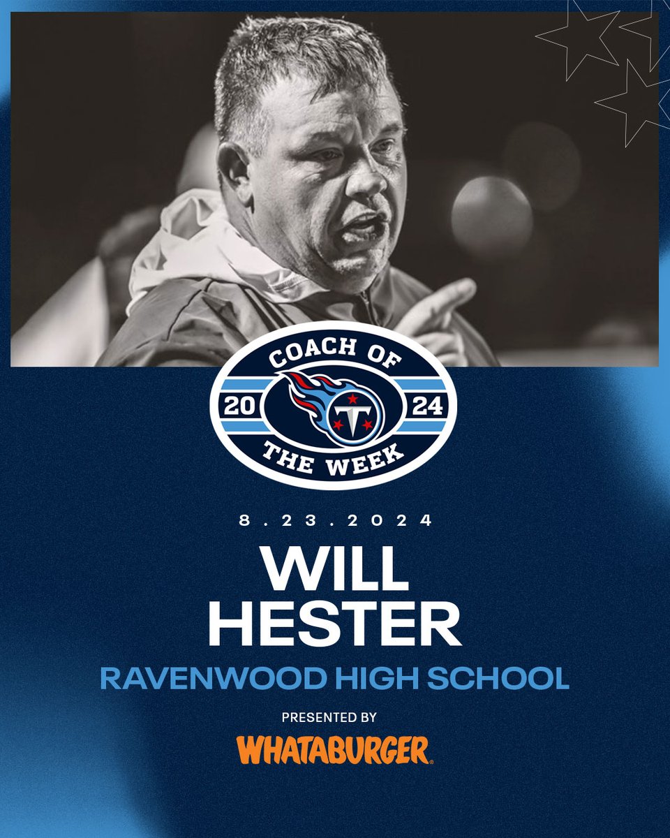 Congratulations to Head Coach Will Hester of Ravenwood High School for winning our <a href="/Titans/">Tennessee Titans</a> Coach of the Week presented by <a href="/Whataburger/">Whataburger®</a> 🏈

The Raptors opened the season with a big win and will receive a grant from the #Titans Foundation!