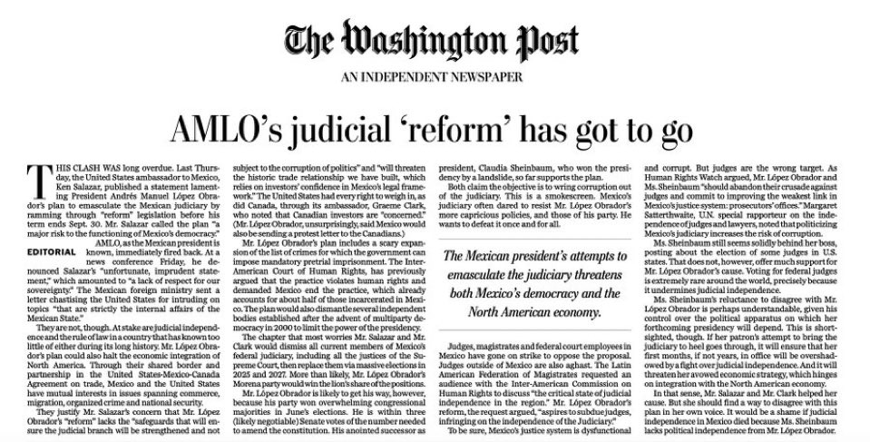 agusantonetti's tweet photo. Histórico editorial del Washington Post sobre la tenebrosa reforma judicial en México.

“Votar a los jueces federales es extremadamente raro en el mundo, precisamente porque debilita la independencia judicial (…) Sería una vergüenza si muere la independencia judicial en México”. https://t.co/2XfqQI9VcC