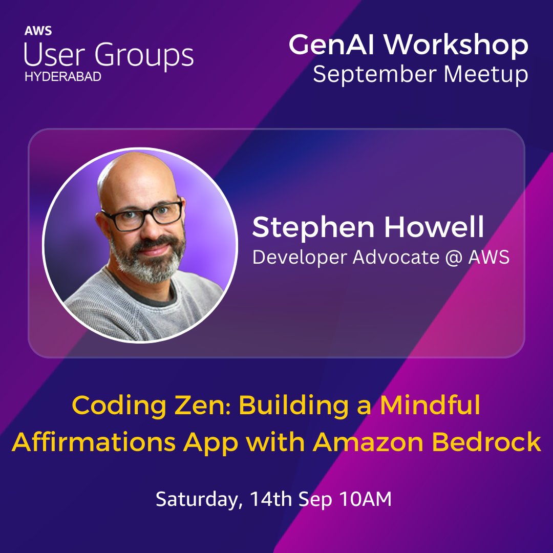 AWS User Group Hyderabad (@awsughyd) on Twitter photo Coming soon! A special guest from Ireland <a href="/howell_cloud/">Stephen Howell</a> for a hands-on-workshop creating an app using Amazon Bedrock on the 14th Sep. Register today: awsughyd.com/build-genai-we… Coming soon! A special guest from Ireland <a href="/howell_cloud/">Stephen Howell</a> for a hands-on-workshop creating an app using Amazon Bedrock on the 14th Sep. Register today: awsughyd.com/build-genai-we…