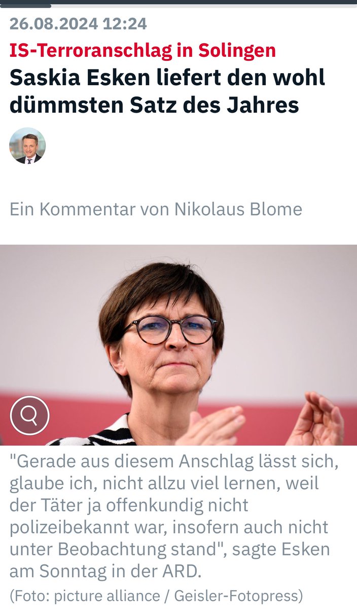 Toll gemacht #Esken... wie wäre es einfach mal, wenn man Null Ahnung hat, nichts zu sagen? 
Egal was du in deiner wundervollen Partei bist. Tritt zurück, verschwinde einfach aus der Politik. Das ist der Beweis das du da nichts zu suchen hast.🤦🏼‍♀️ #SolingenAttack #Solingen