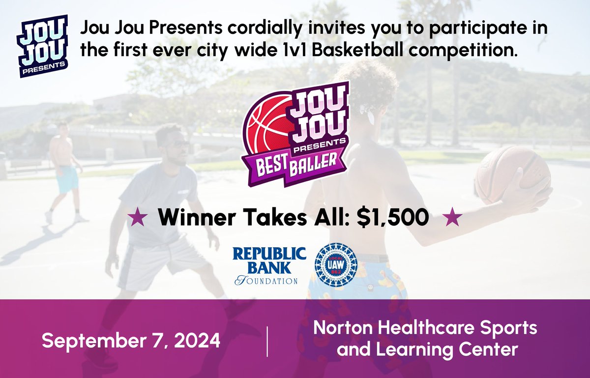 🏀 Calling all middle and high school hoopers! 🏀

Jou Jou Presents: Best Baller — Louisville's first-ever 1v1 city-wide basketball competition! 💪 Boys and girls will battle it out for the title of Best Baller and a grand prize of $1,500! 💰

ℹ &amp; 🎟: bit.ly/BestBallerNHSL…