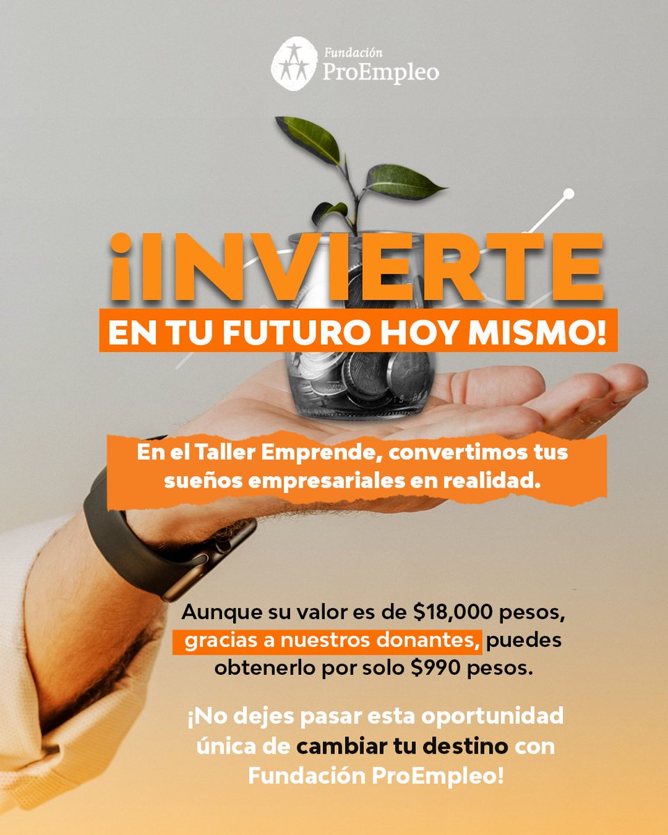 Tu potencial no tiene límites, ¡invierte en tu futuro hoy mismo! 💼
Únete a nuestro Taller Emprende por solo $990 MXN y adquiere las herramientas esenciales para superar desafíos e impulsar tu #negocio🚀

¡Regístrate ahora en el siguiente enlace! 👉 talleremprende.proempleo.org.mx