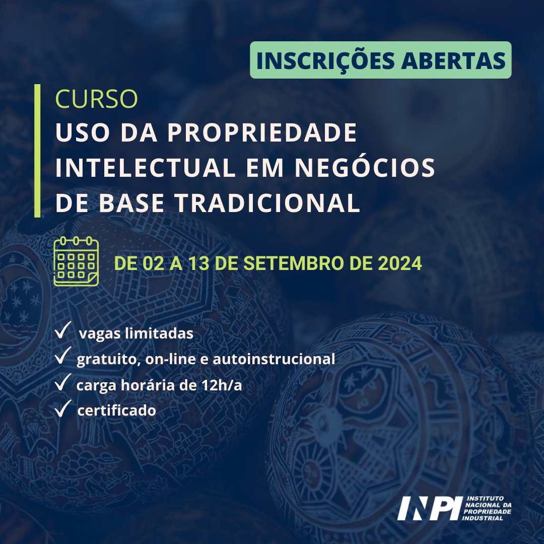 Estão abertas as inscrições para dois cursos sobre o uso da Propriedade Intelectual nos negócios, ofertados pela Academia de Propriedade Intelectual, Inovação e Desenvolvimento do INPI. Para mais informações, acesse a Agenda de Cursos: bit.ly/agenda-cursos-….