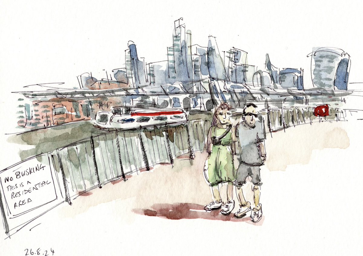 RolandN's tweet photo. London South Bank, looking north-east across the river. 

#london #travel #milleniumbridge #thethames #art #watercolour #sketch https://t.co/29mlTWLlfg