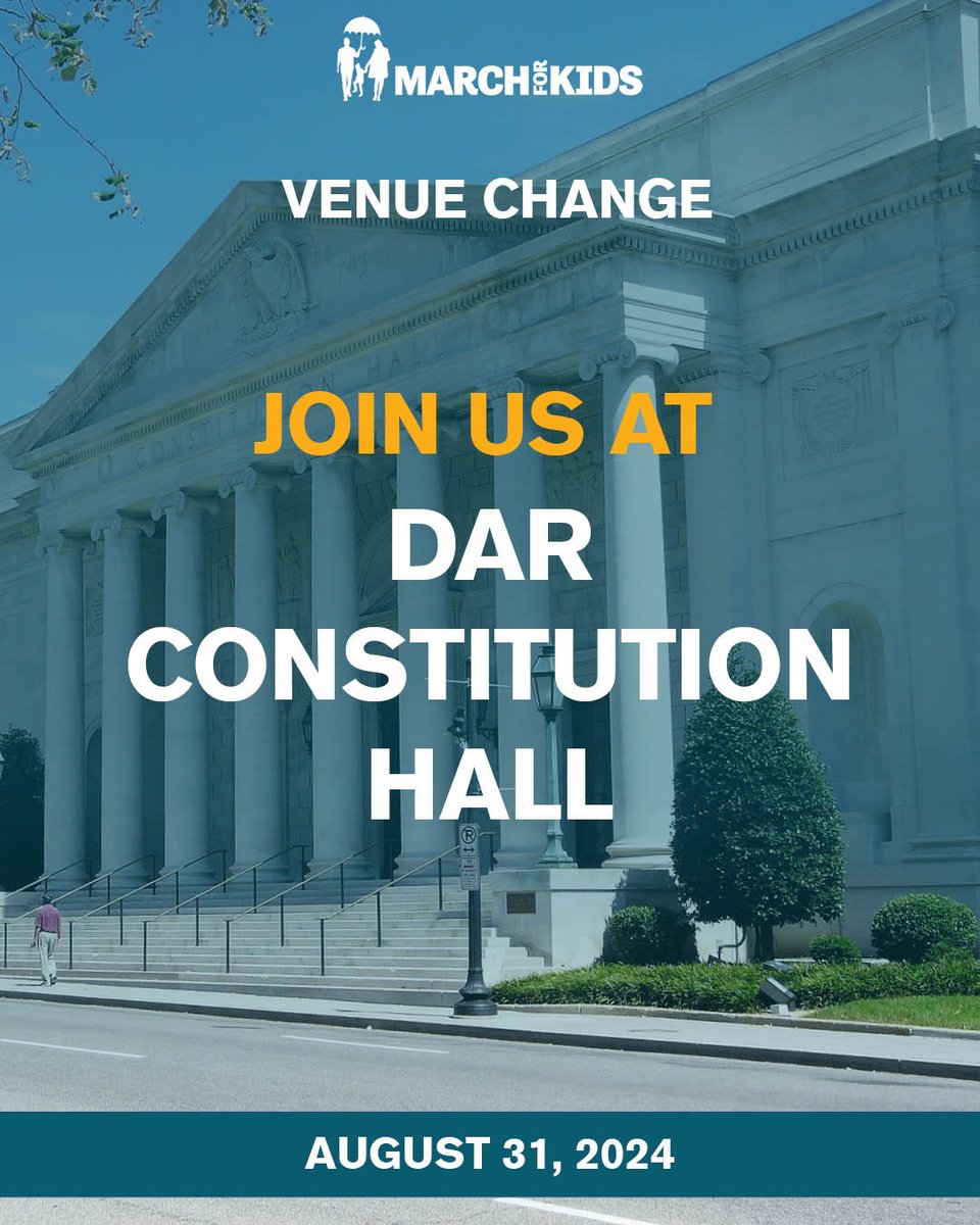 March4Kids's tweet photo. BIG ANNOUNCEMENT 📢: It was announced today that, in light of security concerns, the March for Kids is moving its inaugural demonstration on Saturday, August 31, 2024 from the National Mall to the Daughters of the American Revolution (DAR) Constitution Hall. https://t.co/TDFFAkymOF