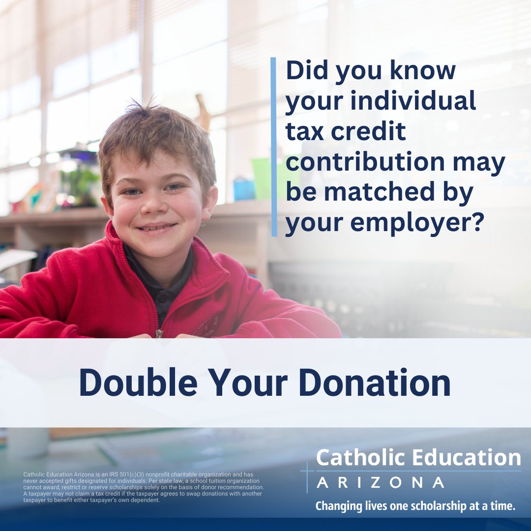 Double your impact and change even more lives! Click here to see if your employer will match your contributions. catholiceducationarizona.org/matching-gifts/  #CatholicEducationArizona #Arizona #Education #scholarships #ArizonaTaxCredits #employermatching #matchinggifts #doubleyourdonation
