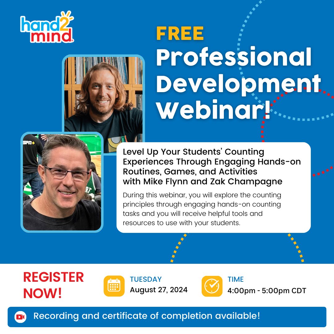 Level Up Your Students’ Counting Experiences Through Engaging Hands-on Routines, Games &amp; Activities with Mike Flynn &amp; Zak Champagne
Tuesday, August 27, 2024, from 4-5pm CDT
Register HERE: attendee.gotowebinar.com/register/62510…