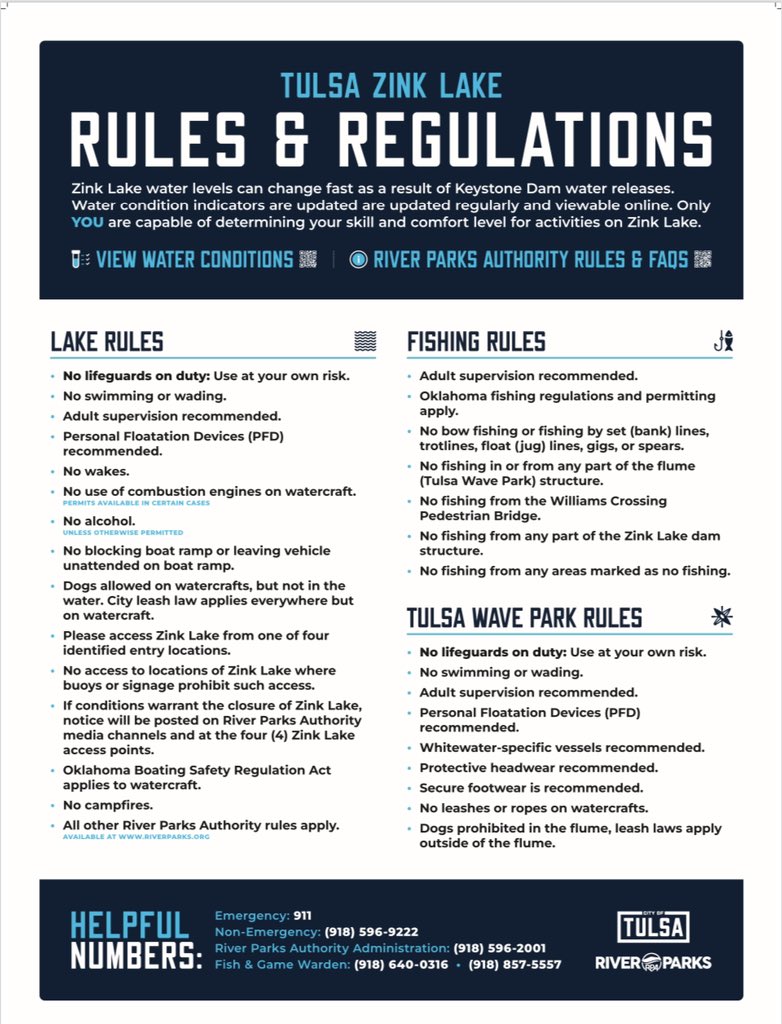 TulsaRiverParks's tweet photo. The Big Dam Party is this weekend and Zink Lake and the Tulsa Wave Park will open! Please take note of the new rules and ordinances in place and head over to https://t.co/Kf1Ff9zqM6 for info on the free event. https://t.co/0FTI6szRLW