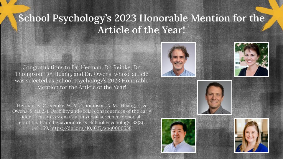 ESCP Mizzou (@escpmizzou) on Twitter photo Congratulations to Dr. Herman, Dr. Reinke, Dr. Thompson, Dr. Huang, and Dr. Owens, whose article was selected as School Psychology's 2023 Honorable Mention for the Article of the Year👏👏doi.org/10.1037/spq000… <a href="/MizzouEducation/">Mizzou Education & Human Development</a> <a href="/kcherman6/">Keith Herman</a> <a href="/flhuang/">Francis Huang</a> @SarahOwens112 <a href="/MOPreventionSci/">Missouri Prevention Science Institute</a> Congratulations to Dr. Herman, Dr. Reinke, Dr. Thompson, Dr. Huang, and Dr. Owens, whose article was selected as School Psychology's 2023 Honorable Mention for the Article of the Year👏👏doi.org/10.1037/spq000… <a href="/MizzouEducation/">Mizzou Education & Human Development</a> <a href="/kcherman6/">Keith Herman</a> <a href="/flhuang/">Francis Huang</a> @SarahOwens112 <a href="/MOPreventionSci/">Missouri Prevention Science Institute</a>