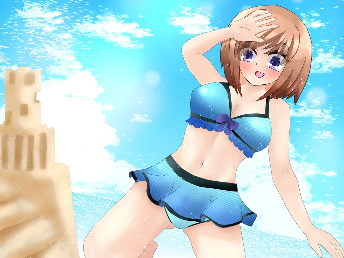 #イラスト 
#絵柄好みって人にフォローされたい 
#めちゃくちゃ暑いから水着の絵でTLを埋めよう 
もう一つのアカウントで載せたイラストの再掲。
砂のお城を作って満足そうな女の子🥰 