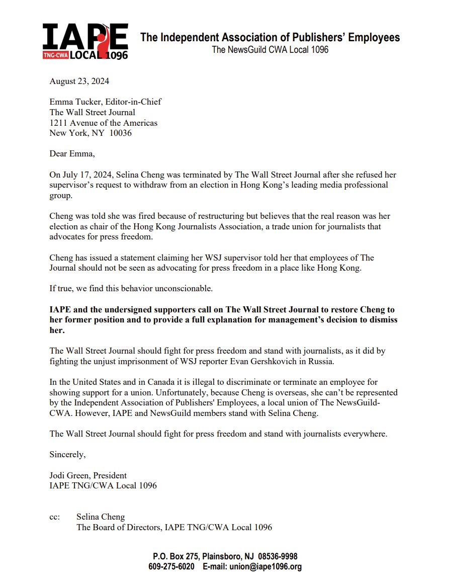 IAPE TNG/CWA 1096 (@iape1096) on Twitter photo On Friday, <a href="/IAPE1096/">IAPE TNG/CWA 1096</a> President <a href="/JodiGreen_Pres/">Jodi Green</a> delivered a letter signed by 335 supporters calling on <a href="/WSJ/">The Wall Street Journal</a> management to reinstate <a href="/selina_cheng/">Selina Cheng</a> to her former position. We look forward to the company's response. #StandWithSelina #FreePress On Friday, <a href="/IAPE1096/">IAPE TNG/CWA 1096</a> President <a href="/JodiGreen_Pres/">Jodi Green</a> delivered a letter signed by 335 supporters calling on <a href="/WSJ/">The Wall Street Journal</a> management to reinstate <a href="/selina_cheng/">Selina Cheng</a> to her former position. We look forward to the company's response. #StandWithSelina #FreePress