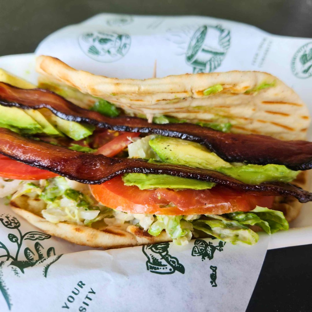 Pita BLAT - Bacon, Shredded Lettuce, Avocado, Fresh Tomato with a Corn &amp; Hatch Chili Ranch on Pita Bread
Available: August 26th -31st #weeklyspecial #lunchdate #pitabread #blat #bacon #lunchtime #cvillefoodie #cvilleeats