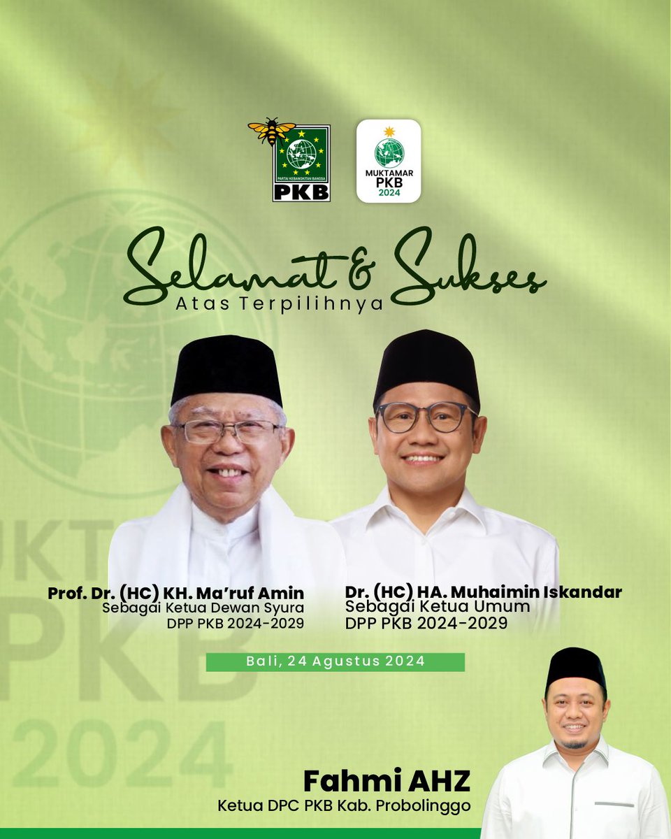 PkbProbolinggo's tweet image. Selamat dan Sukses atas terpilihnya @Kiyai_MarufAmin sebagai Ketua Dewan Syuro PKB DPP PKB dan @cakimiNOW Sebagai Ketua Umum DPP PKB Periode 2024 - 2029.

#MuktamarPKB @DPP_PKB @dpwpkbjatim_