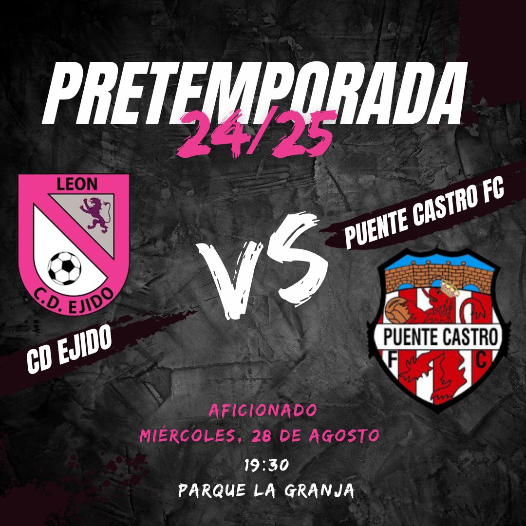 AFICIONADO | ⚽️ #PretemporadaCDEjido

Segundo partido amistoso confirmado de nuestro Aficionado 

🆚 <a href="/PuenteCastroFC/">Puente Castro FC</a> _ (Juvenil Nacional)
📆 Miércoles, 28 de Agosto
🕖 19:30 horas
📌 Parque La Granja

#TodoAlNegro