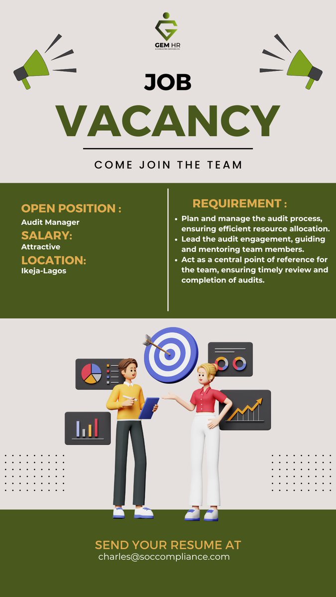 gem_hr's tweet image. Currently seeking an Audit Manager to join our client&apos;s team in Ikeja-Lagos. #Tag someone who fits! 🌟 Apply at charles@soccompliance.com. Start your job search nearby for the latest job vacancies and employment opportunities. Explore work opportunities today! #auditmanager