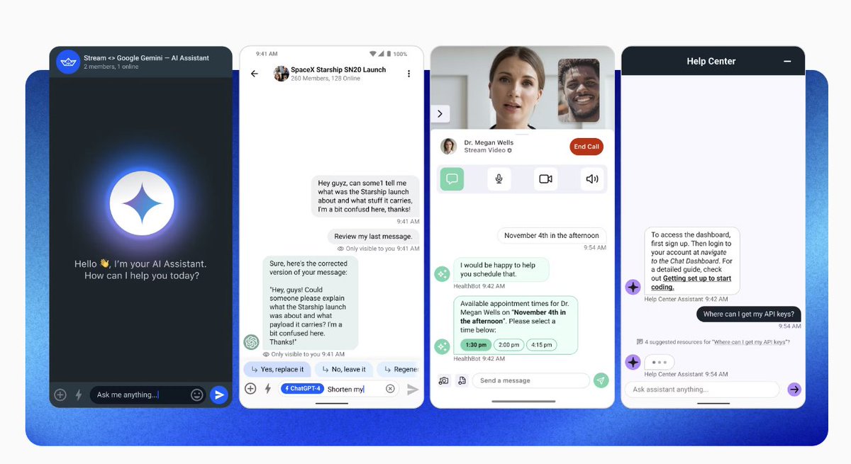 getstream_io's tweet image. Add AI to your chat app with Stream.  

Get real-time AI messaging, multimodal support, and control over your AI strategy, whether using ChatGPT, Gemini, or HuggingFace. 🤖💬   

#AI #DevTools #ChatSDK  

Learn more: getstream.io/chat/solutions…