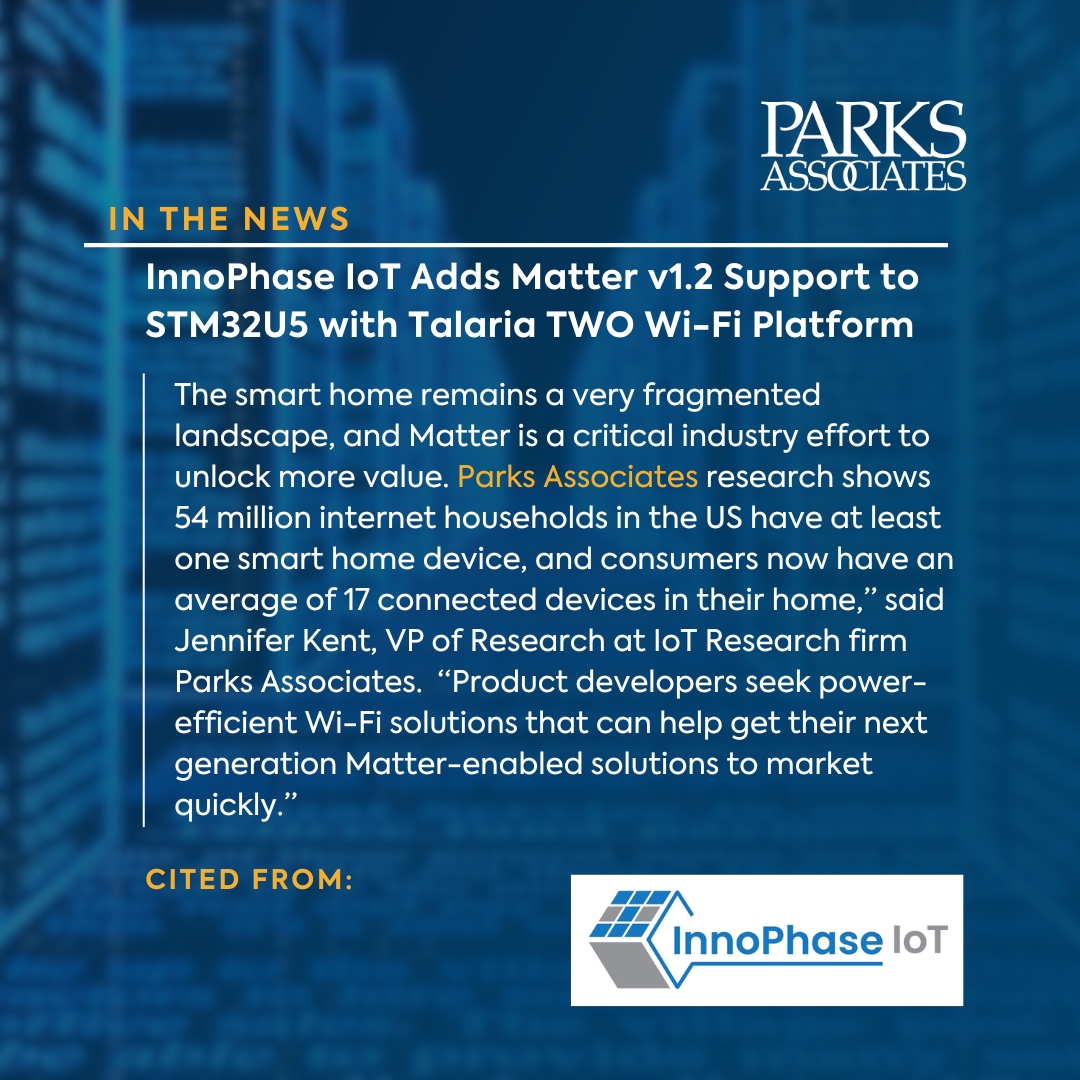 Parks Associates (@parksassociates) on Twitter photo 📢 We were cited in a press release by <a href="/InnoPhaseIoT/">InnoPhase IoT</a> about enabling interoperability through their Matter v1.2 platform combining STM32U5 and its Talaria TWO Wi-Fi solution!🏢🔒
🔗Read more: tinyurl.com/2f2tbne2
#parksdata #ParksAssociates #ParksAssociatesInsights #InnoPhase 📢 We were cited in a press release by <a href="/InnoPhaseIoT/">InnoPhase IoT</a> about enabling interoperability through their Matter v1.2 platform combining STM32U5 and its Talaria TWO Wi-Fi solution!🏢🔒
🔗Read more: tinyurl.com/2f2tbne2
#parksdata #ParksAssociates #ParksAssociatesInsights #InnoPhase