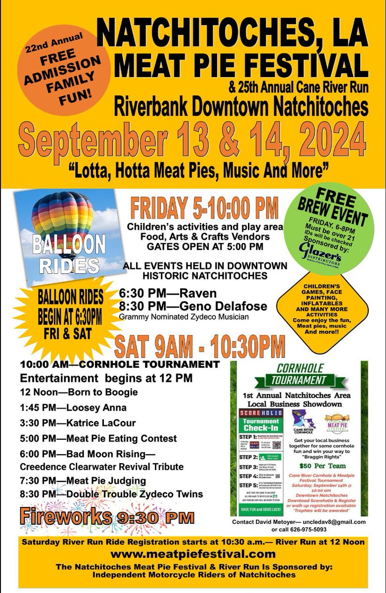The Natchitoches Meat Pie Festival has announced this year's line-up! What better way to love all things Natchitoches than live music on the riverbank and a meat pie eating contest?! Check out this year's events and we'll see y'all soon!! #GoNatchitoches #meatpies