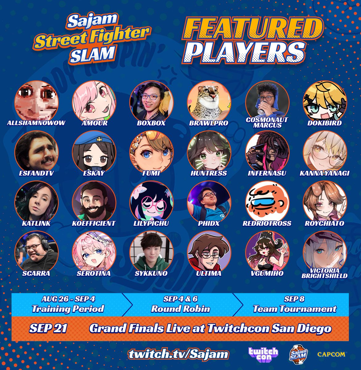Sajam (@sajam) on Twitter photo The players and coaches for the Sajam Street Fighter Slam! 
They'll be streaming SF6 today and all week the next few weeks to train, so go check them out: The players and coaches for the Sajam Street Fighter Slam! 
They'll be streaming SF6 today and all week the next few weeks to train, so go check them out: