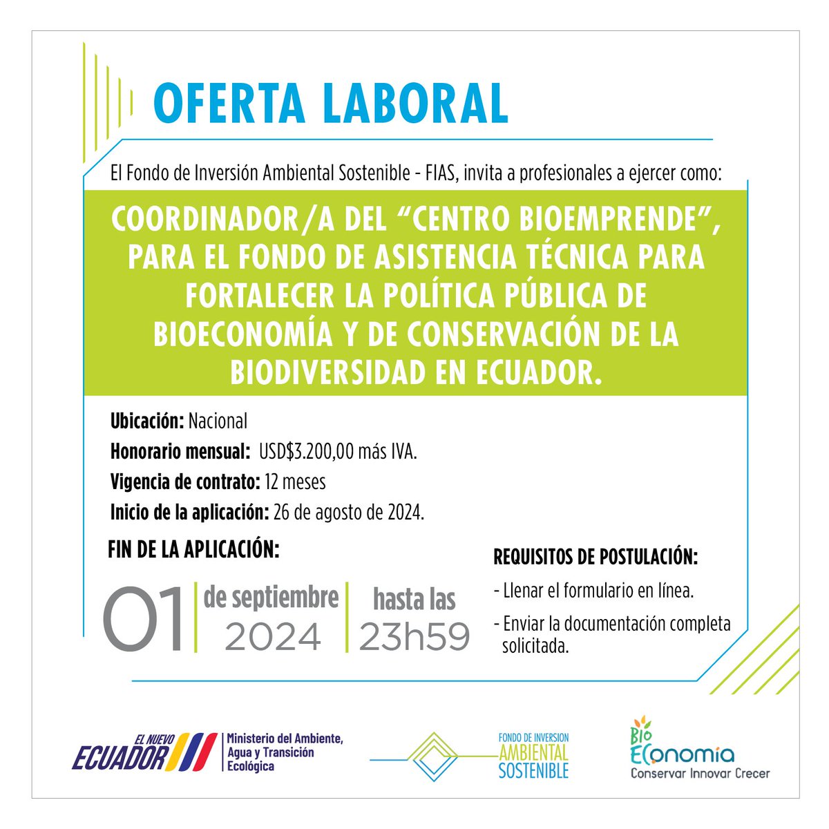 📢 #Convocatoria de oferta laboral para el proceso de contratación de:

Coordinador/a para llevar adelante el Centro de Promoción y Facilitación de Bionegocios – Bioemprende “Centro BioEmprende”.

🔗 Para postular ingresa en: fias.org.ec/coordinador-a-…