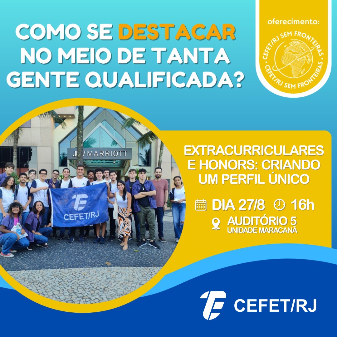 Dia 27/8, às 16h, o Cefet/RJ promoverá a palestra "Extracurriculars &amp; honors: criando um perfil único", no Auditório 5 da Unidade Maracanã. Aprenda como destacar seu perfil acadêmico para ingressar em faculdades no exterior. 
Saiba mais: bit.ly/palestra-27ago  #CefetRJ