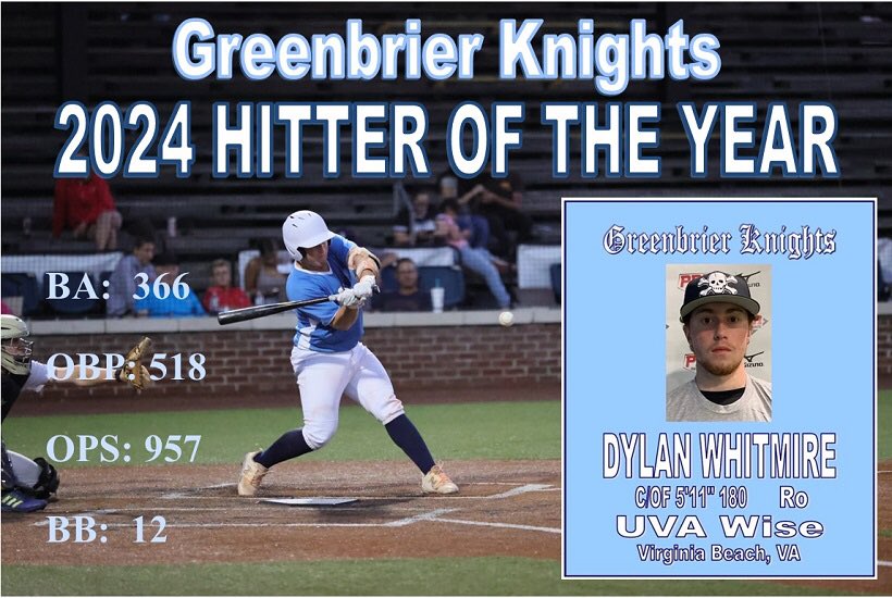Congratulations Dylan Whitmire, Greenbrier Knights 2024 Hitter of the Year