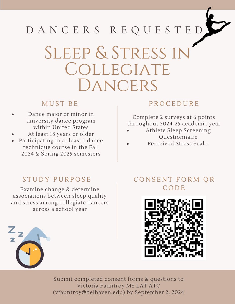 Pls share information about research project by doctoral student and #athletictrainer Tori Fauntroy examining #sleep and #stress in #college #dancers <a href="/SMARTLabGMU/">SMART Lab</a>  <a href="/BelhavenU/">Belhaven University</a> #dancemedicine #dance