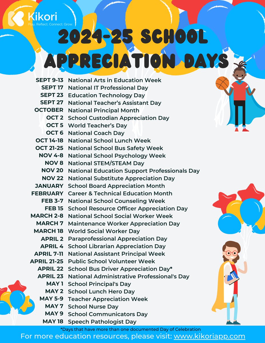 🎉 Looking for ways to honor educators throughout the school year? 
📅 Check out Kikori list of appreciation days for 2024-25
📚 Share this post and tag a teacher to spread the love! ❤️ 

Link here: wix.to/mamTZVP 

#TeacherAppreciation #EducatorLove #SchoolHeroes