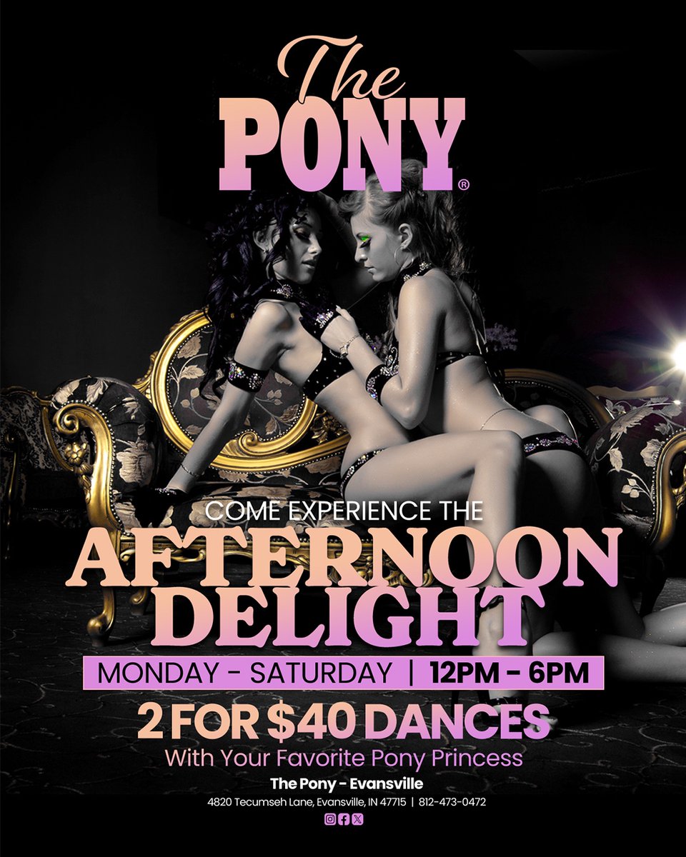 TheEvansville's tweet photo. ๐#AfternoonDelight at The Pony Evansville! ๐Monday - Saturday 12pm-6pm, 2 for $40 dances with your favorite Pony Princesses! ๐๐ผ๐ฐ๐ฅ Experience the ultimate mid-day escape with us! ๐ #HappyHour #PonyEvansville #StripClubSpecials #PonyPrincesses ๐๐๐ฅ https://t.co/F2rOG1jbyp