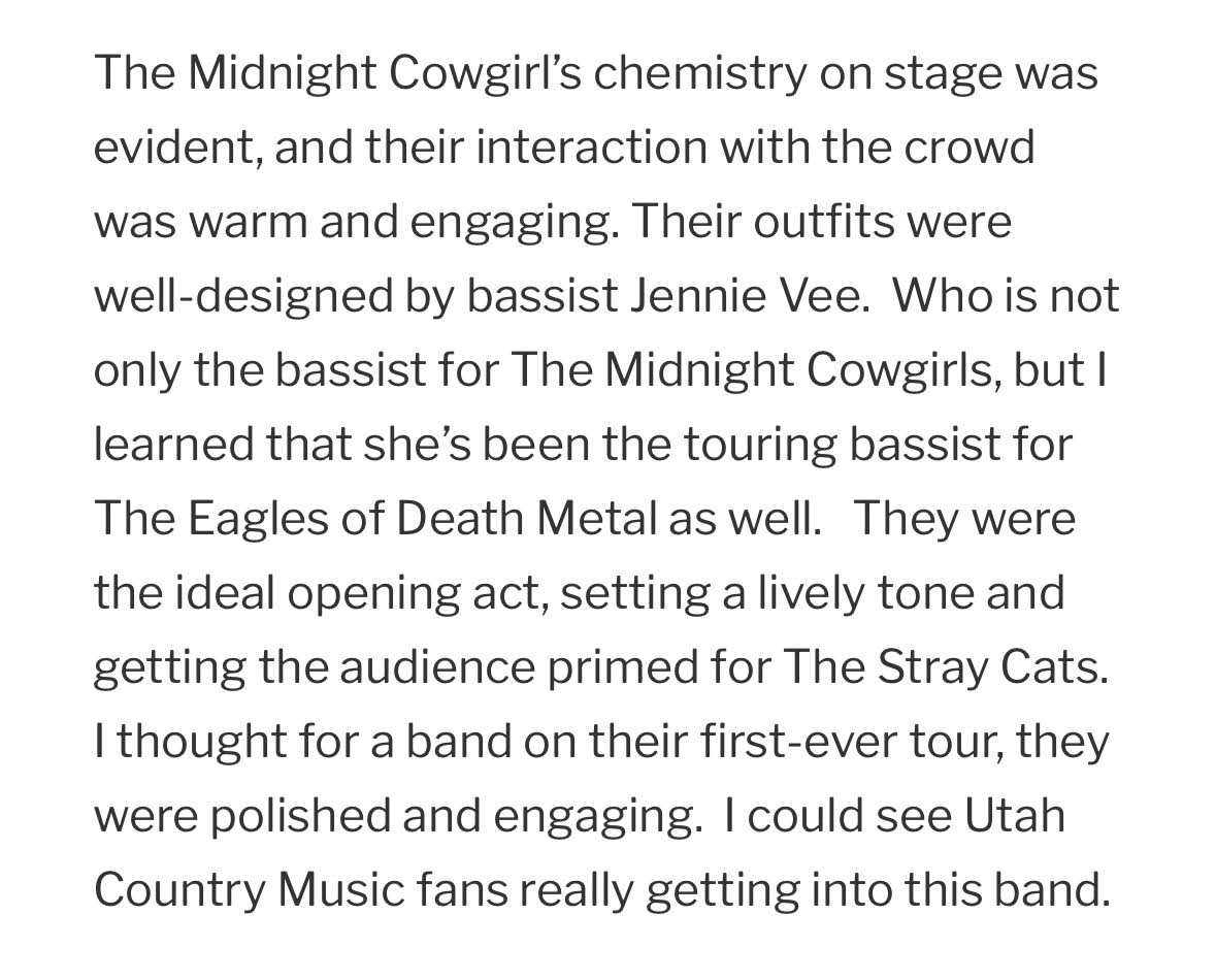 Blaise Dahl (@blaisedahl) on Twitter photo Such kind praise for The Midnight Cowgirls from The <a href="/UTconcertreview/">Utah Concert Review</a>. We💗Utah #countryrock fans! Thanks for the excellent write-up of our debut at <a href="/redbuttegarden/">Red Butte Garden</a> with <a href="/thestraycats/">The Stray Cats</a>! Check out the great photos & read the whole review for both bands here: utahconcertreview.com/stray-cats/ Such kind praise for The Midnight Cowgirls from The <a href="/UTconcertreview/">Utah Concert Review</a>. We💗Utah #countryrock fans! Thanks for the excellent write-up of our debut at <a href="/redbuttegarden/">Red Butte Garden</a> with <a href="/thestraycats/">The Stray Cats</a>! Check out the great photos & read the whole review for both bands here: utahconcertreview.com/stray-cats/