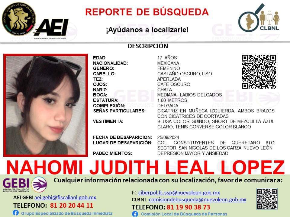 ❗️Solicitamos de su apoyo  para la LOCALIZACIÓN de NAHOMI JUDITH LEAL LÓPEZ ❗️

Cualquier información comunicarse a los teléfonos:
📞  81 20 20 44 11 y 81 19 90 38 73
