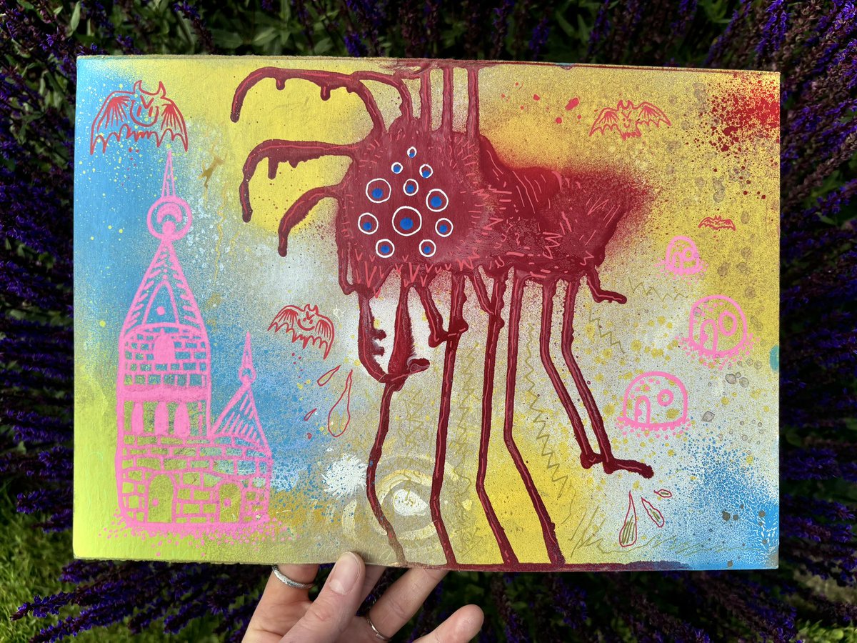 A Giant Arachnothraxia Spider Roams the Plain.
9x12” Spray, acrylic, paint marker and ink on recycled cardboard. #painting