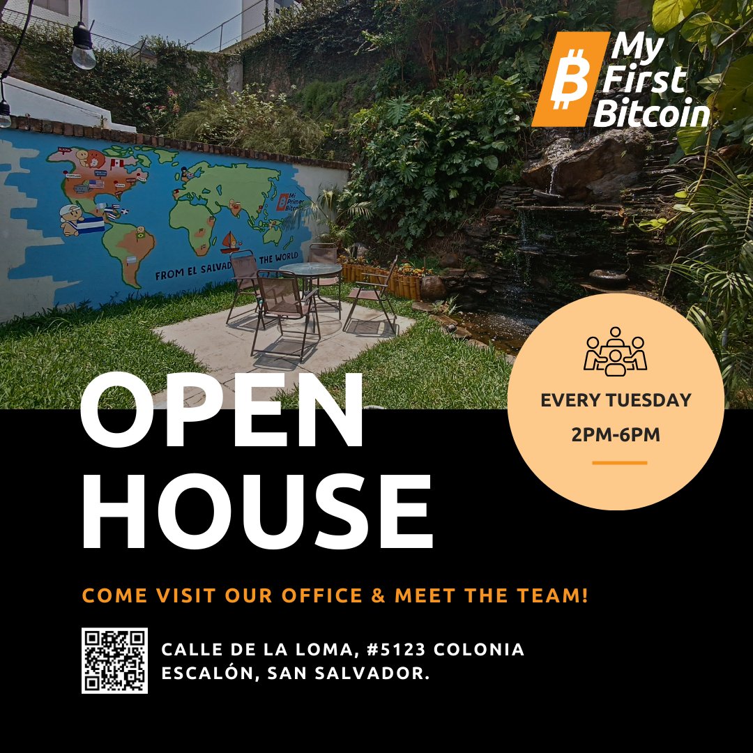 MyFirstBitcoin_'s tweet photo. 🏠 Did you know we're having an OPEN HOUSE every Tuesday?

If you're in San Salvador, come over to our office to see the classroom, meet our team, and learn more about our mission: #bitcoin education for the world! 🇸🇻🌎 https://t.co/Vne71swo5S