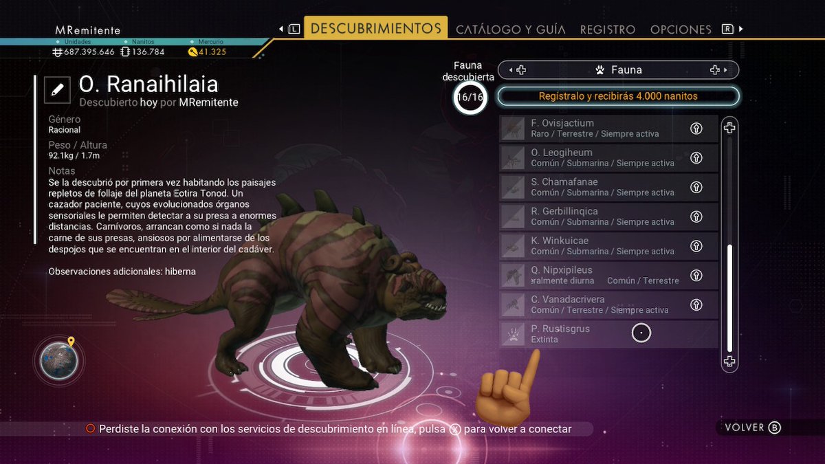MoringoTv's tweet photo. Esto debe ser nuevo, nunca antes había visto que hubiera un registro de animal extinto😱😱😱 quien me corrobora, esto es nuevo!? @NoMansSky @AssistantNMS @oskar1up 
#hellogame #nms #NoMansSky https://t.co/M81GcZ8gcp