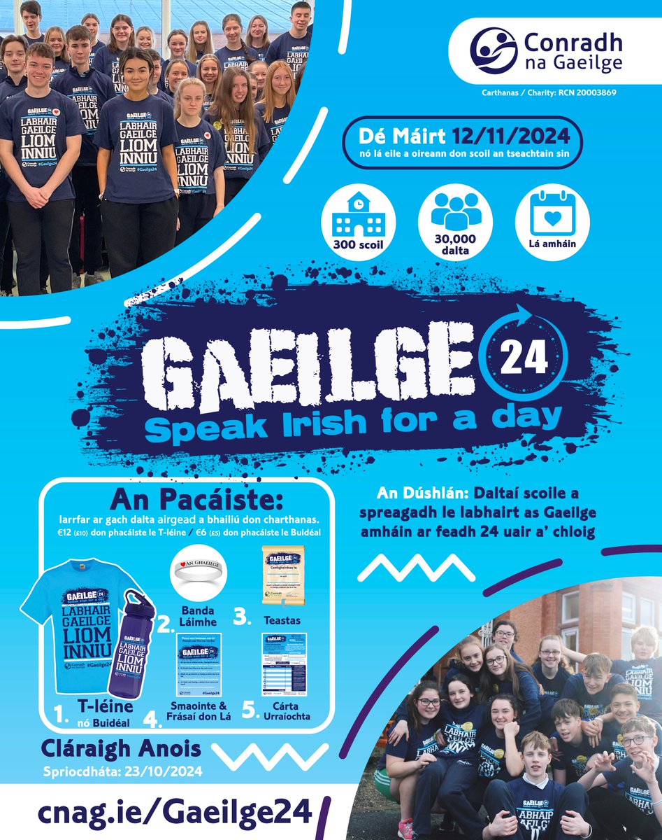 FÓGRA 📣📣📣 Tá clárúchán #Gaeilge24 202​4 ar oscailt.

📅 1​2 SAMHAIN 202​4 📅​ An lá is fearr sa scoilbhliain ag teacht go luath!

Don chéad uair, i mbliana, tá 2 rogha pacáiste ann: ​(a) pacáiste le T-léine nó ​(b) pacáiste níos saoire le Buidéal.

Tuilleadh eolais ag an nasc