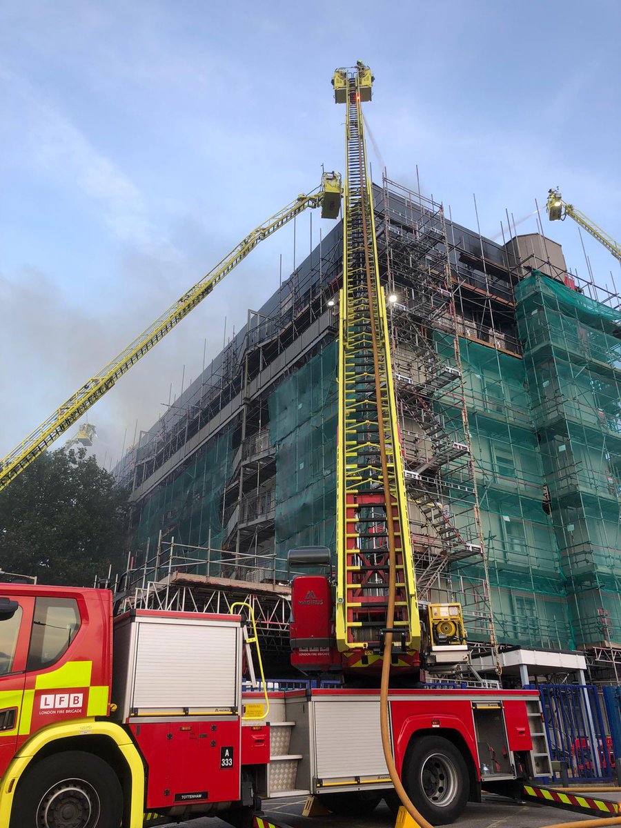 An #impressive sight, four 32m TLs working in unison to #extinguish the #fire at Freshwater Road in #Dagenham.