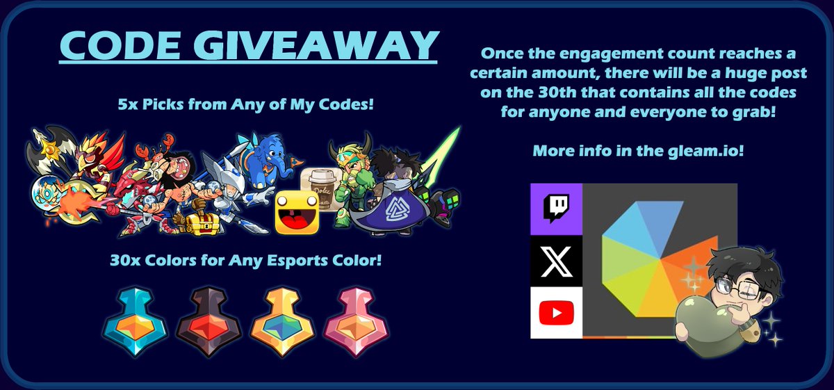 I'm giving away a ton of codes! Enter in the Gleam thingy in the replies, and by the 30th, see if you win! (and get ready if you don't!) There will be multiple winners!

Hopefully everyone gets something out of it in the end! 💚

#Brawlhalla