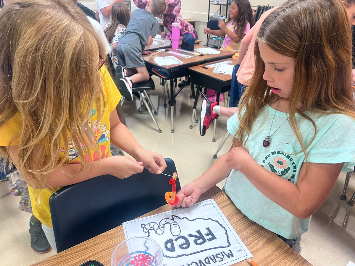 MrsGibson112's tweet photo. Our STEM project follows a worm (a gummy one)named Fred that has a few misadventures! Today Fred tried white water rafting! His life jacket (a peach ring) fell off and got stuck under his capsized boat (a cup). Students had to get the lifejacket on BUT can only use a paperclip! https://t.co/sUomHKlG9n