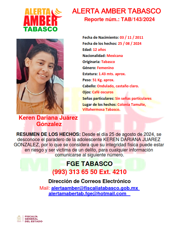 Personas Desaparecidas Tabasco, solicita su colaboración para difundir cédula de alerta amber a nombre de la adolescente KAREN DARIANA JUAREZ GONZALEZ.