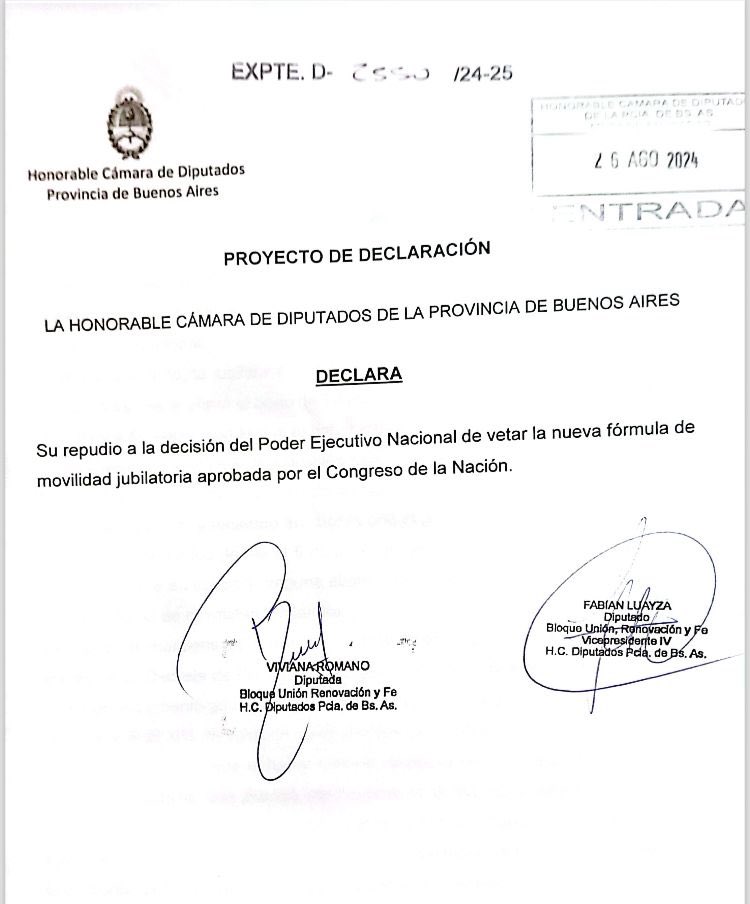 Desde el bloque Unión, Renovación y Fe le pedimos al Presidente <a href="/JMilei/">Javier Milei</a> que recapacite y no realice el veto a la nueva fórmula jubilatoria. 

El incremento en los haberes jubilatorios es razonable. 

Es urgente mejorar la situación de este sector, siempre tan perjudicado.