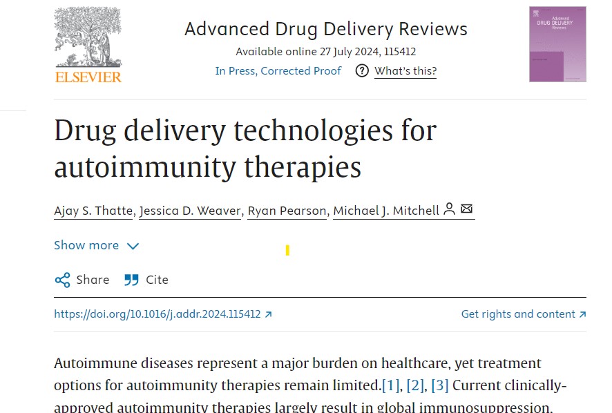 Mike Mitchell (@mjmitchell_lab) on Twitter photo Thrilled to share our full special issue on drug delivery tech for autoimmunity therapies in <a href="/ADDReditors/">Editors of Advanced Drug Delivery Reviews</a> co-edited with <a href="/jdweaverBME/">Weaver Lab</a> <a href="/RyanMPearson/">Ryan M. Pearson, PhD</a> <a href="/GormleyLab/">Adam Gormley</a>!
Issue: sciencedirect.com/special-issue/…
Editorial led by <a href="/ASThatte2/">Ajay Thatte</a>: sciencedirect.com/science/articl…
Amazing contributions including: Thrilled to share our full special issue on drug delivery tech for autoimmunity therapies in <a href="/ADDReditors/">Editors of Advanced Drug Delivery Reviews</a> co-edited with <a href="/jdweaverBME/">Weaver Lab</a> <a href="/RyanMPearson/">Ryan M. Pearson, PhD</a> <a href="/GormleyLab/">Adam Gormley</a>!
Issue: sciencedirect.com/special-issue/…
Editorial led by <a href="/ASThatte2/">Ajay Thatte</a>: sciencedirect.com/science/articl…
Amazing contributions including: