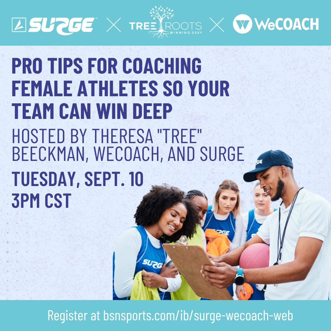 Empower your female athletes to win deep! Join Theresa "Tree" Beeckman for essential strategies on coaching female athletes and creating a high-performing team. Register now! ➡️  bit.ly/46Vb095

<a href="/WeCOACH/">WeCOACH</a> <a href="/Tbeeckman13/">Tree Roots Culture</a> #SURGE